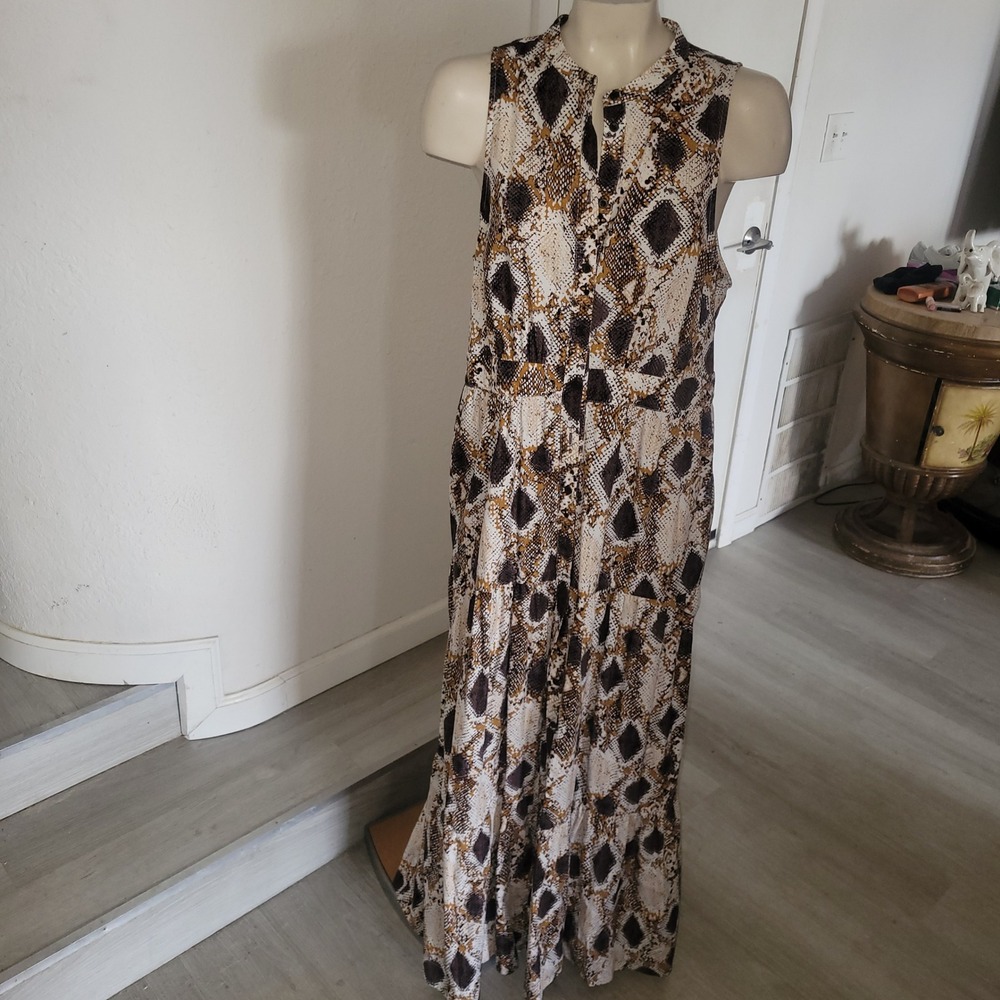 MAEVE  Snakeskin Print Maxi Dress Sleeveless Button Front Tiered Skirt High Neck - Picture 3 of 14